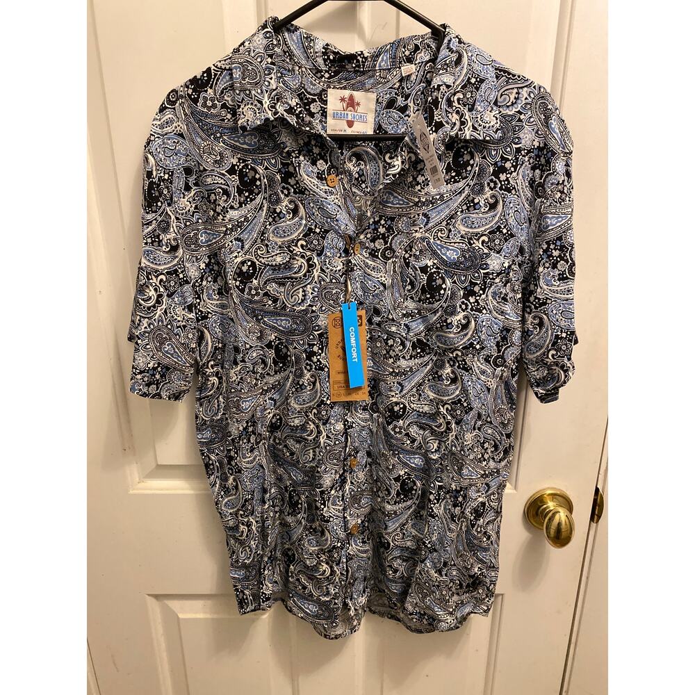 Brand New Urban Shores Men's Medium Black Blue Button Down Shirt Paisley